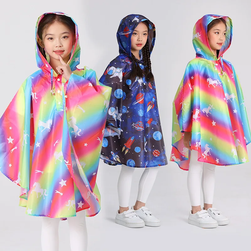 Cute Kids Rainbow Raincoat Waterproof Windproof Children Rain Jacket with Poncho Hat for Kindergarten School Student Rain Gear