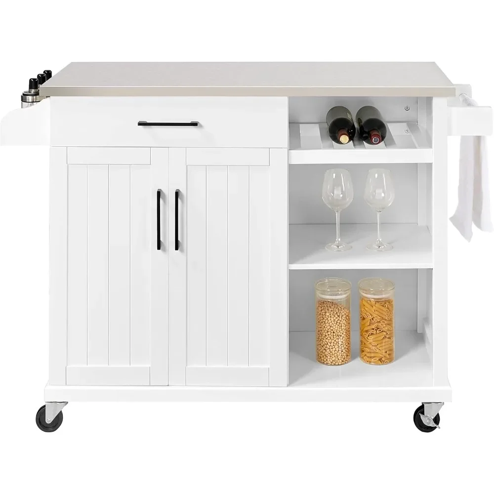 Kitchen Island On Wheels with Stainless Steel Top & Storage Shelves, Kitchen Cart with Drawer & Cabinets On Lockable