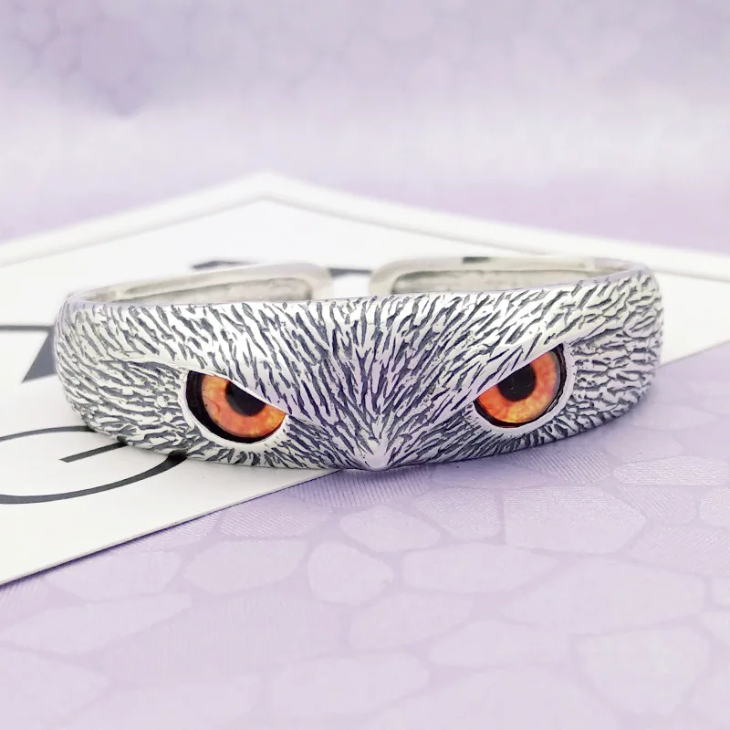 Red Eyed Owl Animal Opening Bracelet Mens Vintage Silver Color Cuff Bracelet Cyclist Cycling Leisure Jewelry Accessories