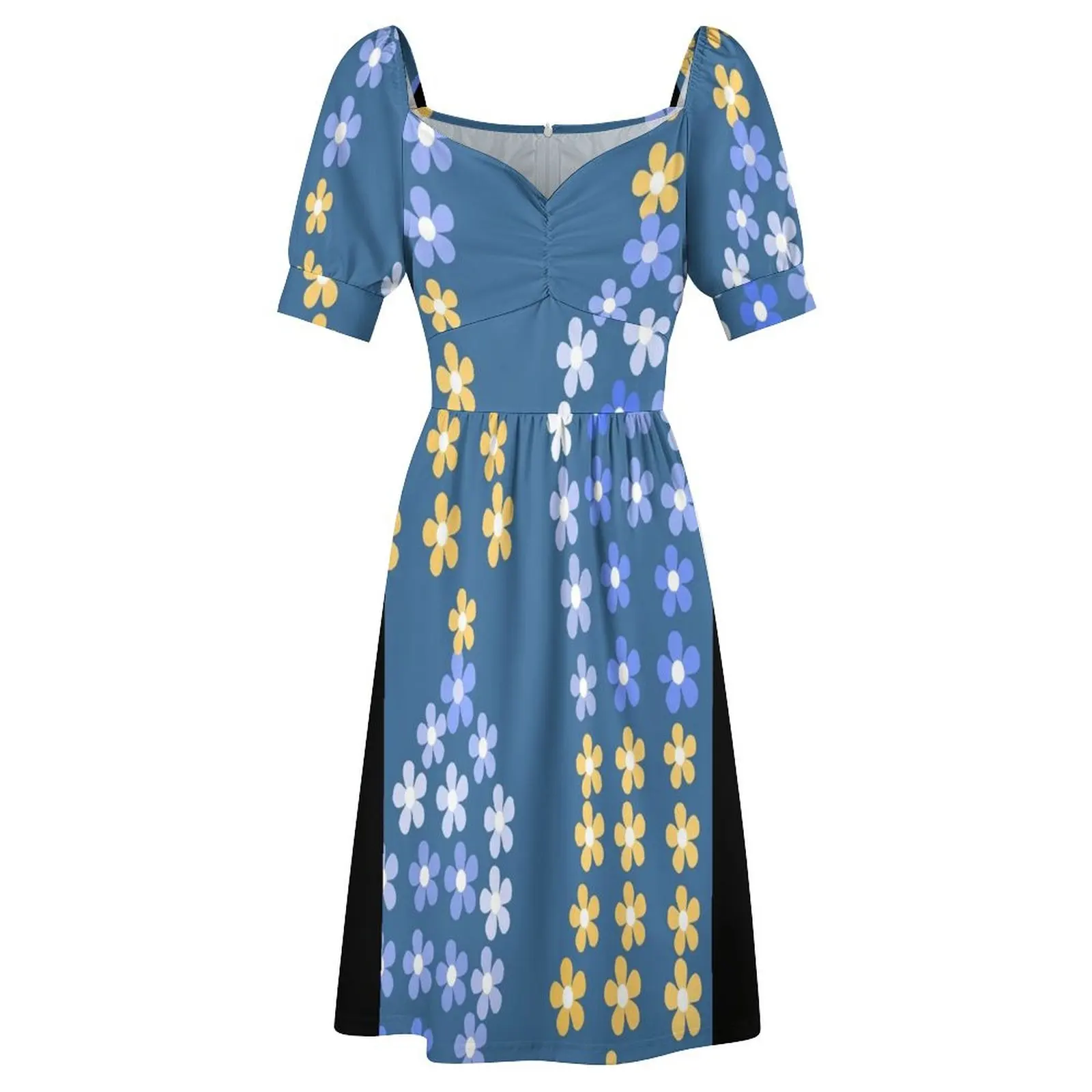 Yellow-Blue Flower Top T-Shirt Short-Sleeved Dress birthday dress woman dress long women prom