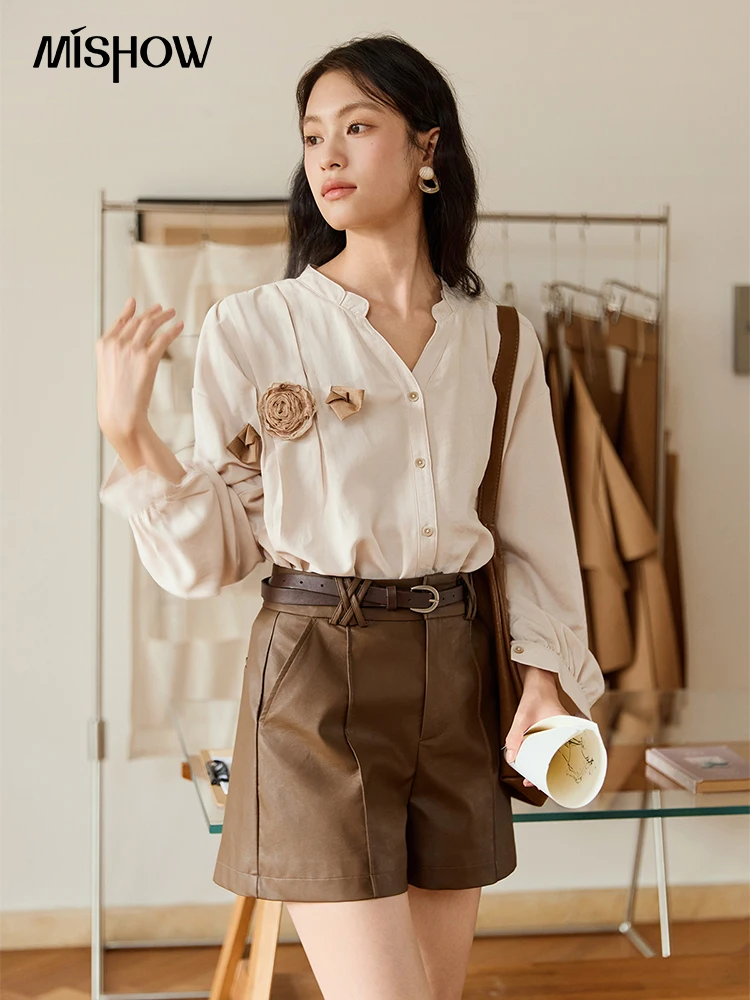 

MISHOW Woman Apricot Shirt 2025 Autumn Fashion Long Sleeves Top Commute 3D Floral Design Vintage Elegant Women Blouse MXE45X2478