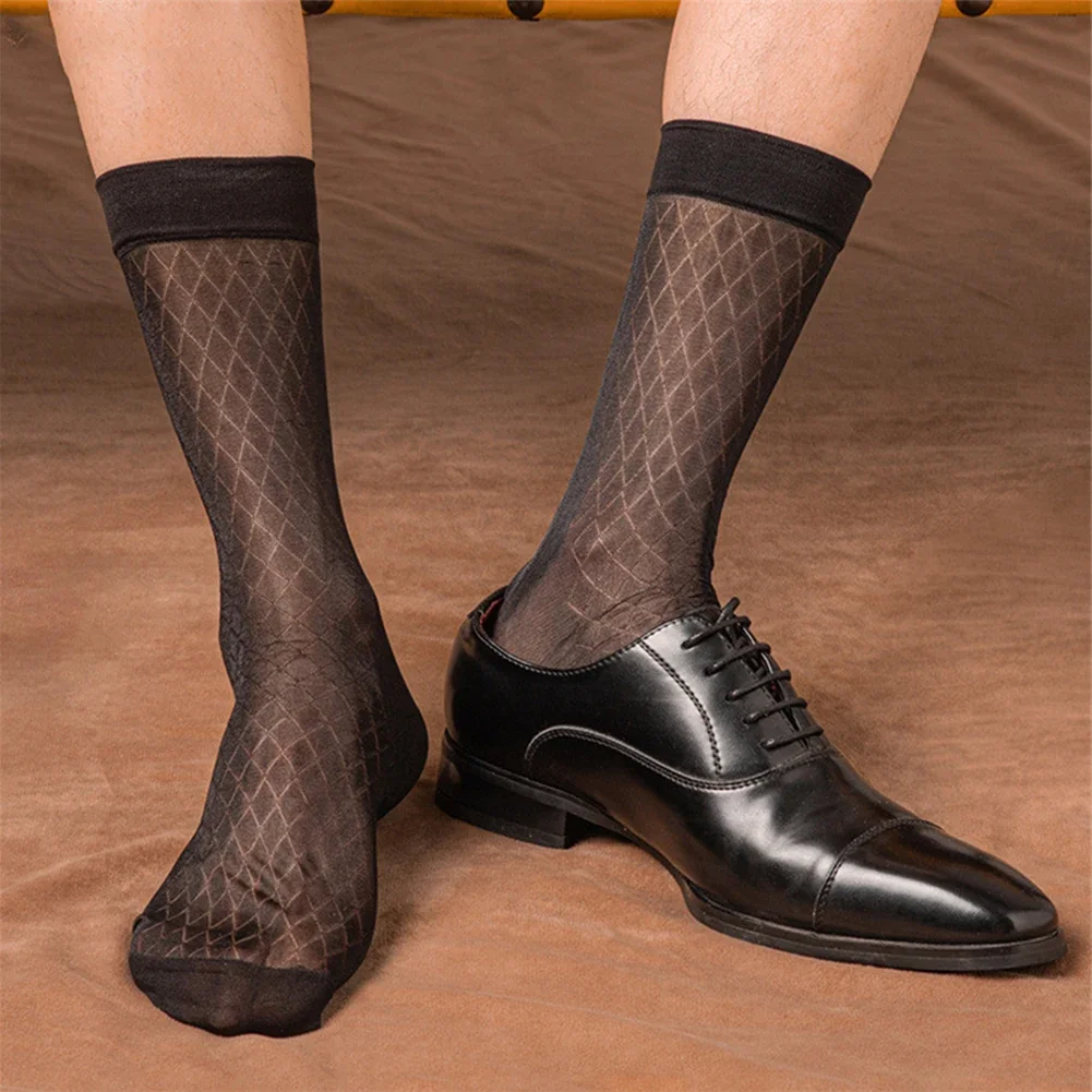 Mens Sexy Grid Plaid See-Through Sheer Stockings Business Formal Dress Tube Socks Ultra-thin Short Japanese Smooth Men's Socks