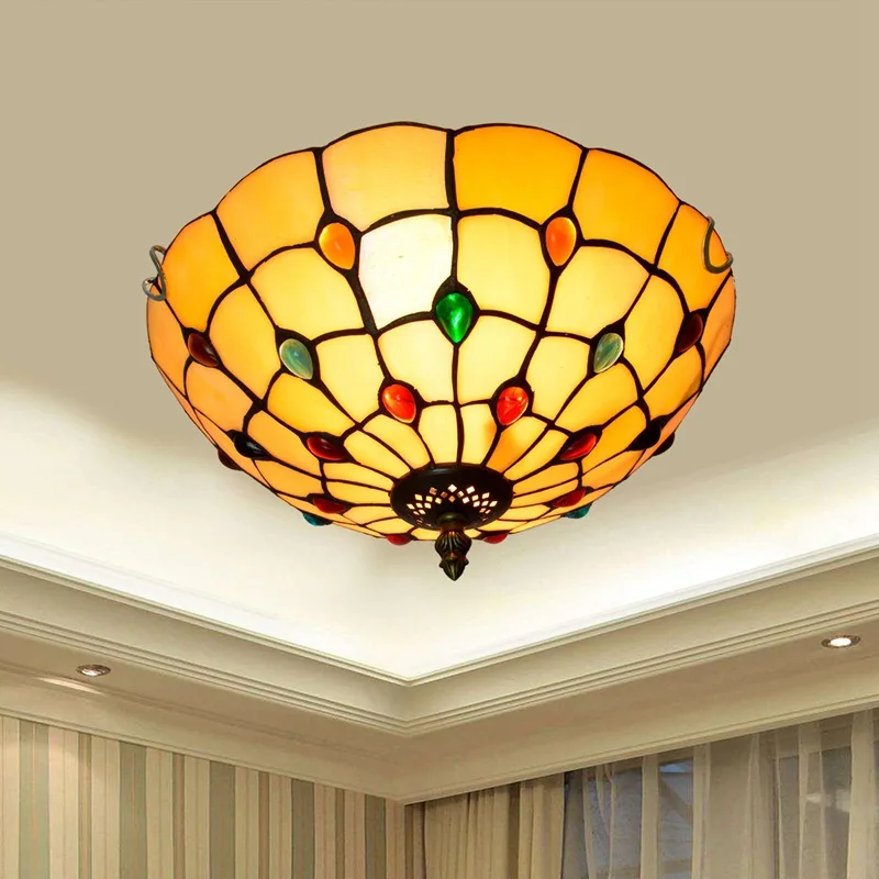 Colorful Bead LED Ceiling Lamp Tiffany Style Retro Art Ceiling Light for Living Room Dining Room Bedroom Study Aisle