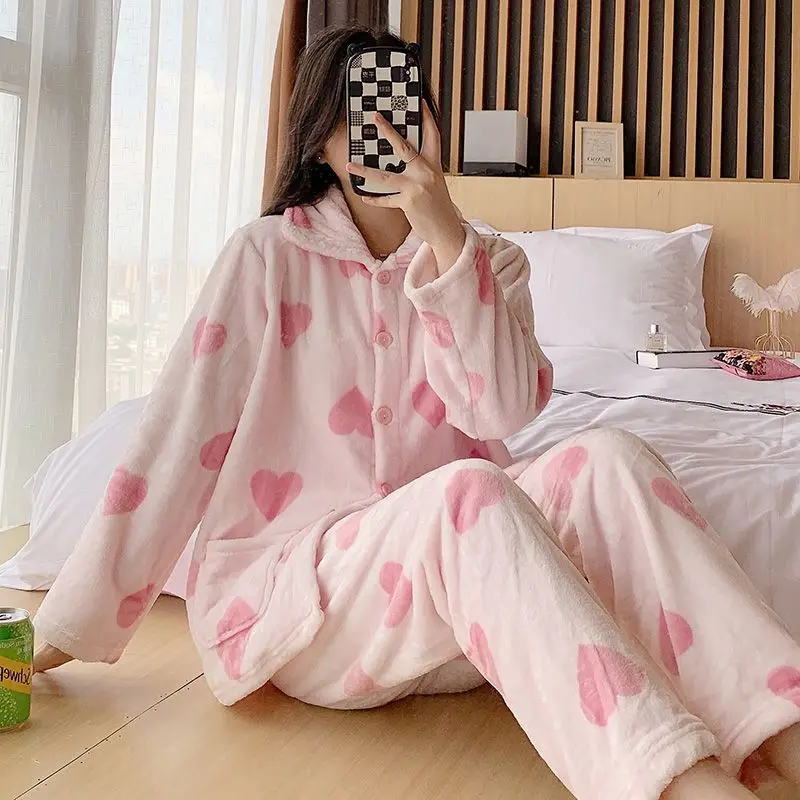 2023 New Autumn Winter Thick Coral Fleece Pajamas Women's Set Loungewear Plus-plus-size Cute Flannel Long-sleeved Sleepwear