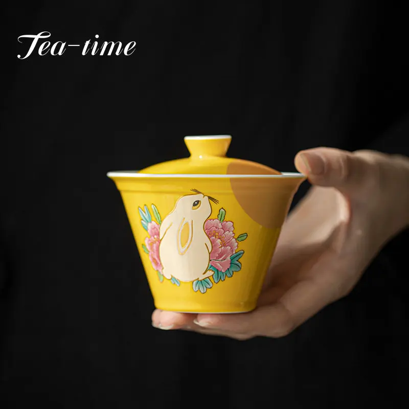 150ML Boutique Keramik Tee Terrine Kreativität Jade Kaninchen Suchen Auf Dem Mond Gaiwan Tee Maker Ercai Tee Tasse Pfingstrose mond Kaninchen