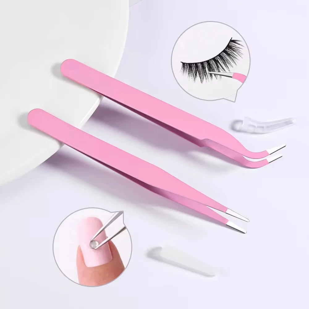 Pince à épiler en acier inoxydable avec outils de beauté inclinés, pince à épiler incarné, pince à épiler pour greffage de cils, 1/2 pièces