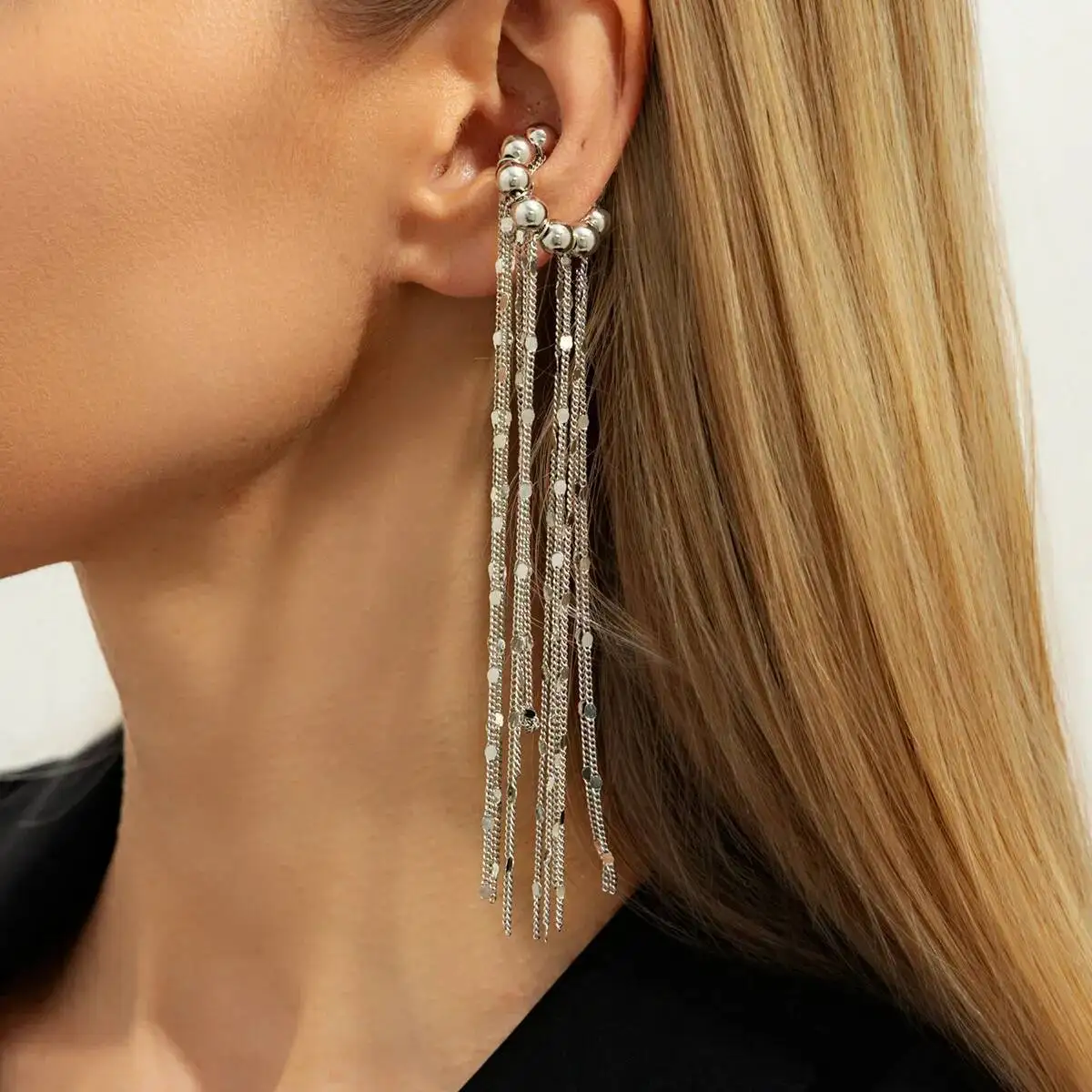 KunJoe 1PC Trendy Long Tassel No Piercing Ear Clip Earrings Women Unique Silver Color C-shaped Ear Cuff Fashion Jewelry Gifts