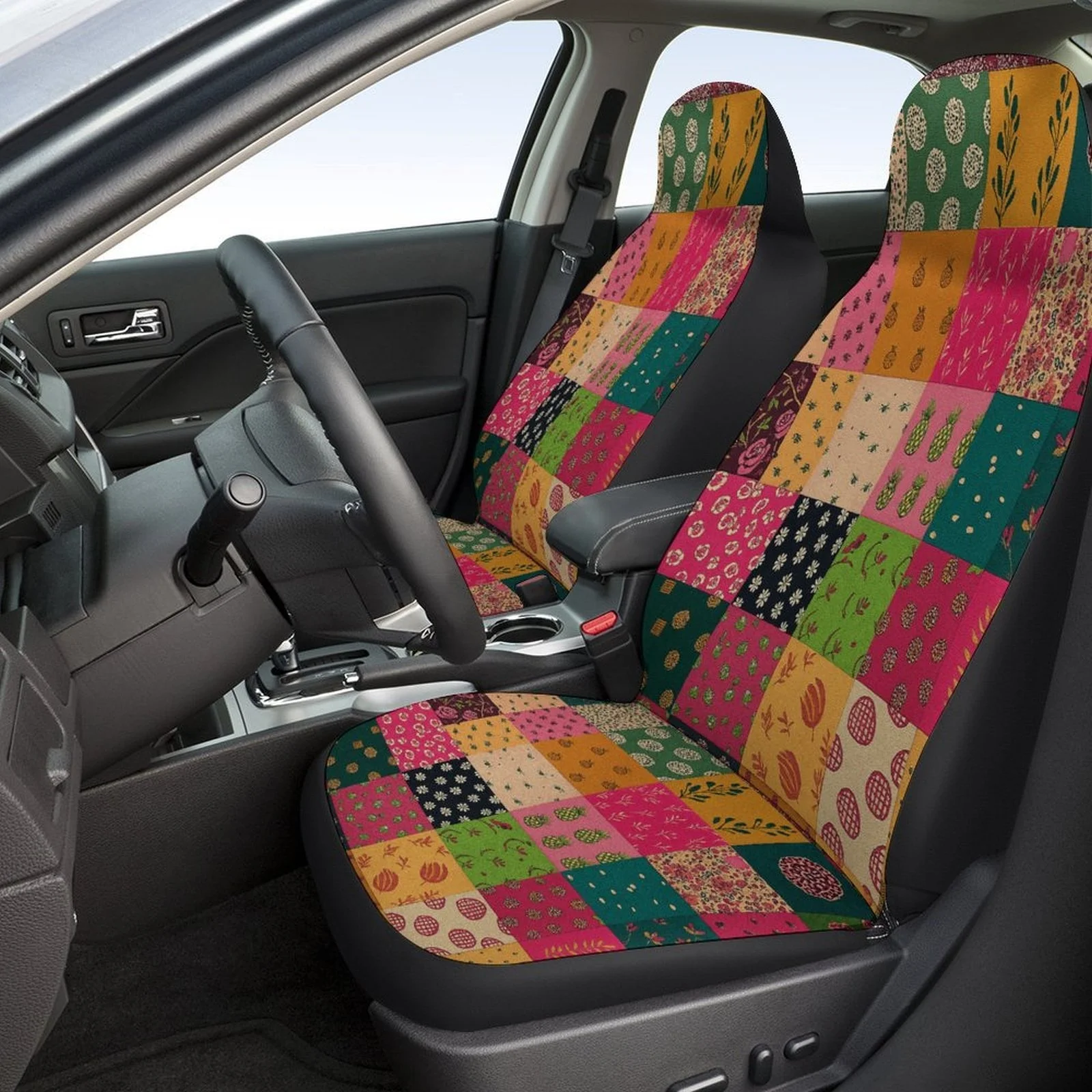 Pattern Tiles Designed Car Seat Covers Set For Most Cars, Trendy Breathable Decorative Car Seat Protector Covers Full Set, Car