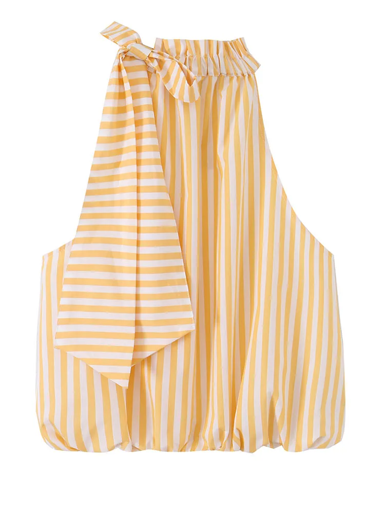 HH Women Summer Spring Coastal Breezy Yellow White Stripe Halter Blouse Spring Ruffle Neck Self Tie Sash Bubble Hem Loose Tank