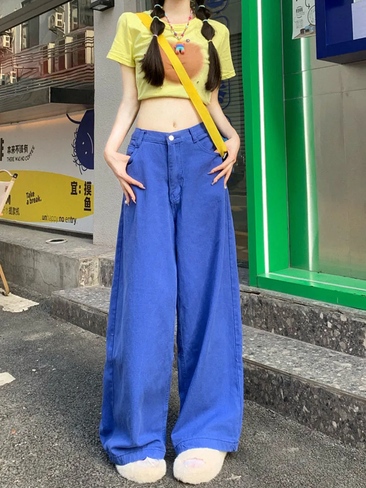 High Waist Wide Leg Green Pockets Zipper Casual Jeans New Loose Women Trousers Fashion Tide Spring Autum