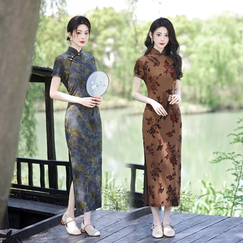 

Vinatge Chinese Traditional Long Cheongsam Party Dress Velvet Floral Evening Dresses Women Dresses Elegant Daily Slim Qipao