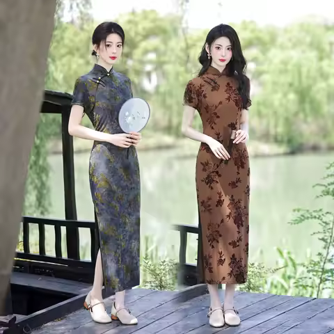 Vinatge Chinese Traditional Long Cheongsam Party Dress Velvet Floral Evening Dresses Women Dresses Elegant Daily Slim Qipao