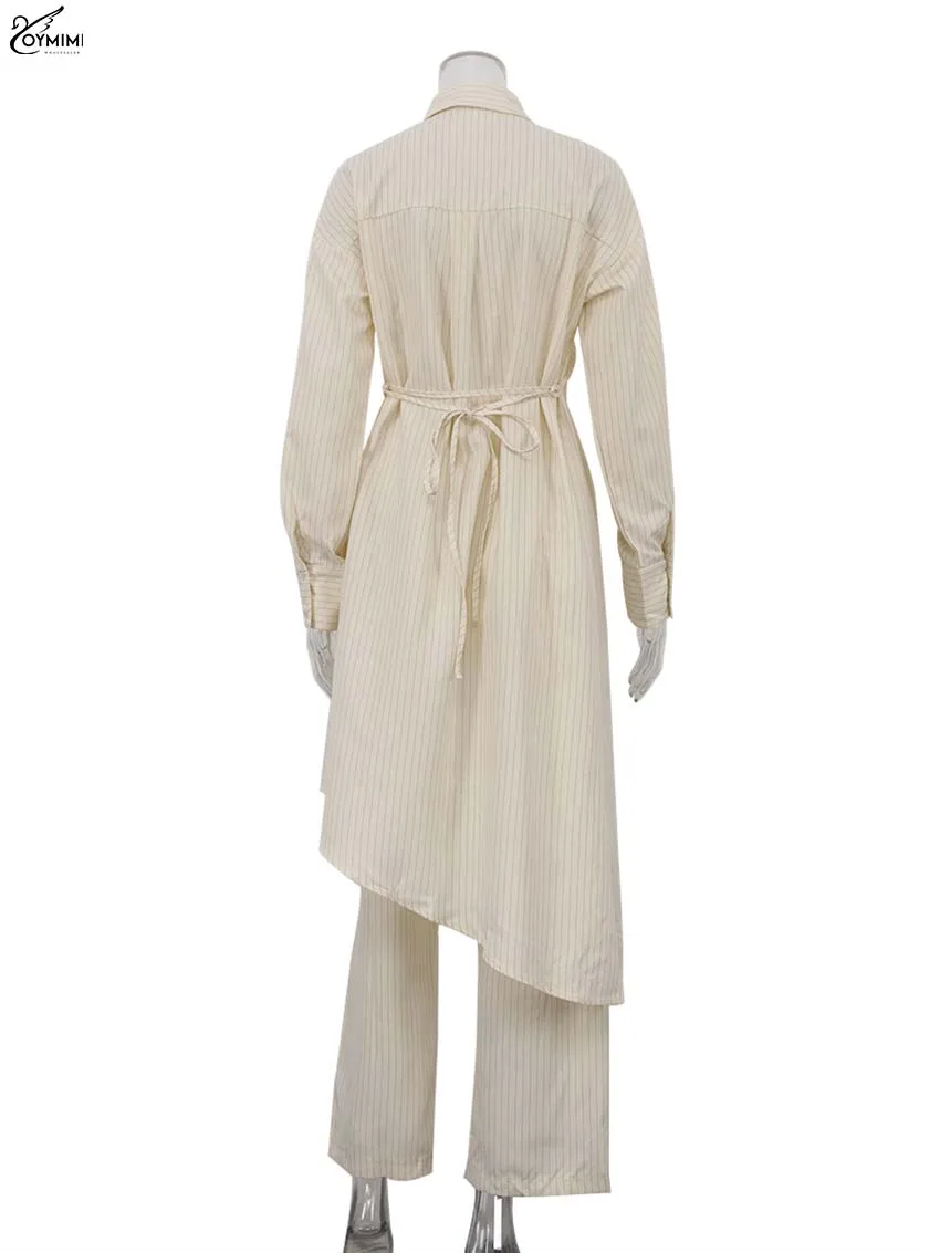 Oymimi Elegant Apricot Print Sets For Women 2 Pieces Fashion Long Sleeve Pockets Lace-Up Button Robe And Drawstring Pants Sets