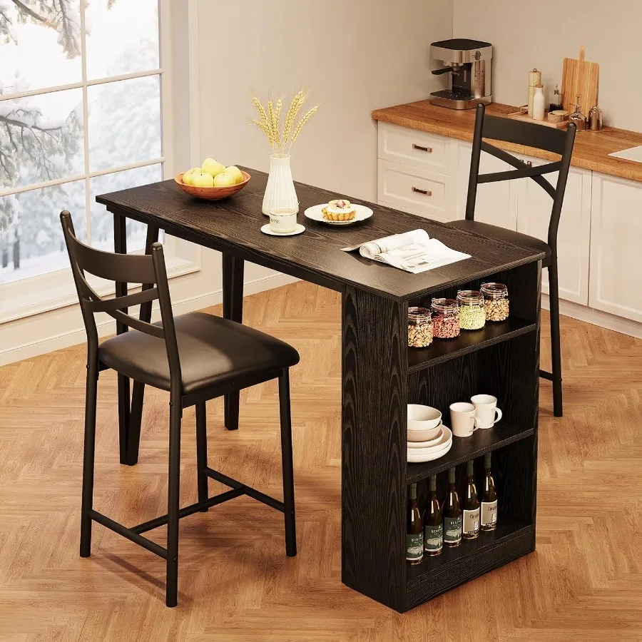 3 Piece Wooden Counter Height Table Set with 2 Bar Stools and 3 Storage, Bar Dining Set for Kitchen Restaurant Living Room, Bla