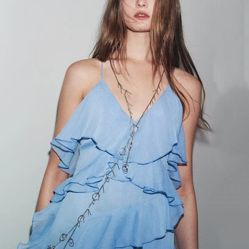 Vestido f e de verão 2025, casual, com camadas decorativas, cintura alta, sem mangas, longo, decote em V, fibra...