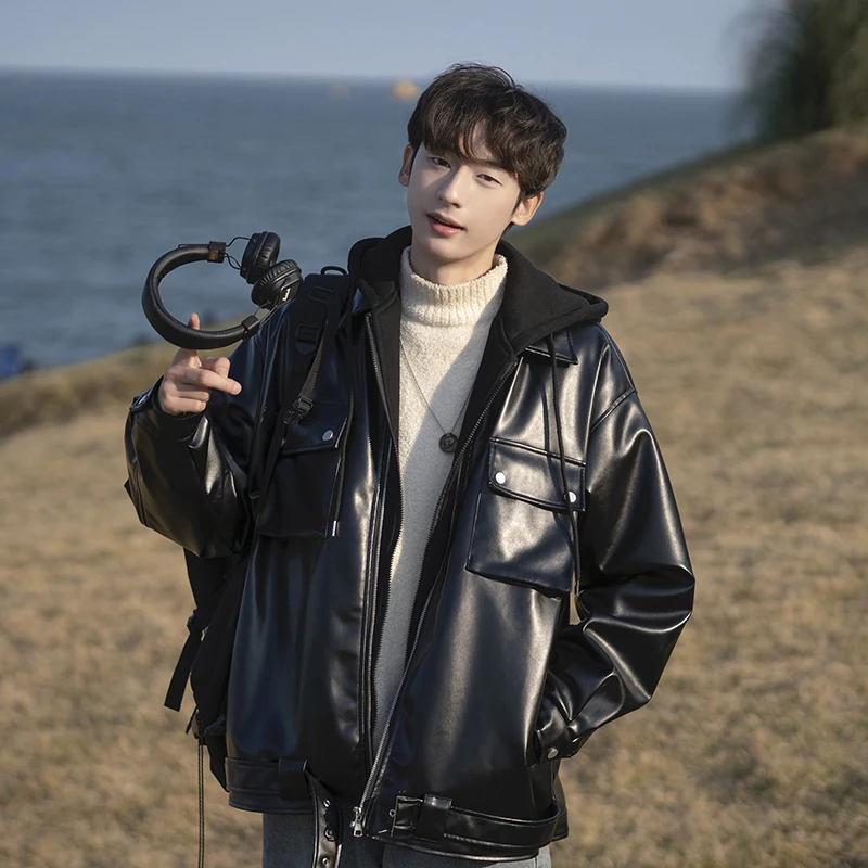 

Men's Winter Thiened PU Leather Jaet Cotton Coat Hooded Fake Two-Piece Sle Warm Casual Cleanfit Zipper Closure Color