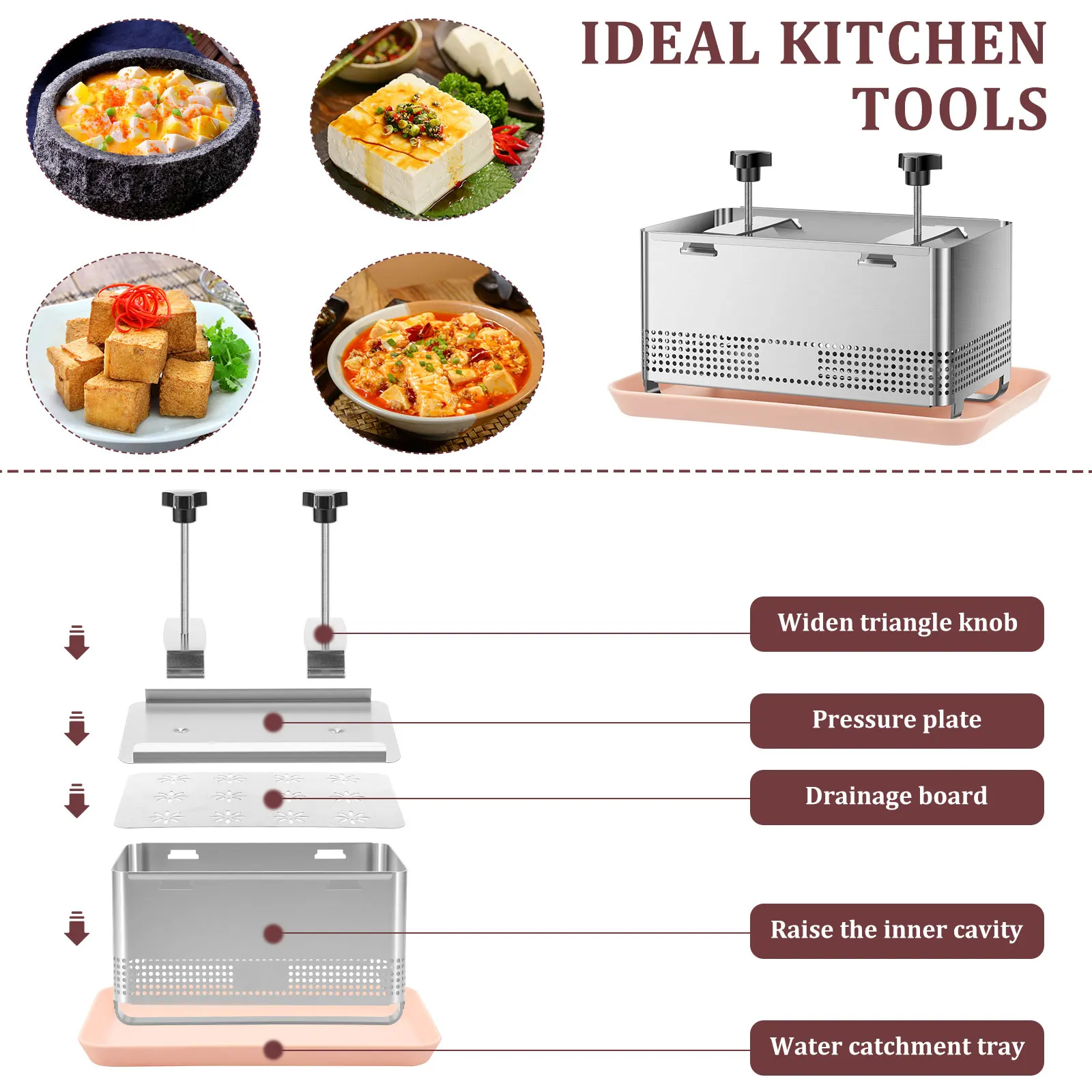 Tofu Press Mould 304 Stainless Steel Cheese Making Molds Homemade Tofu Mold Set with Trays Filter Cloth for Kitchen Accessories view 3
