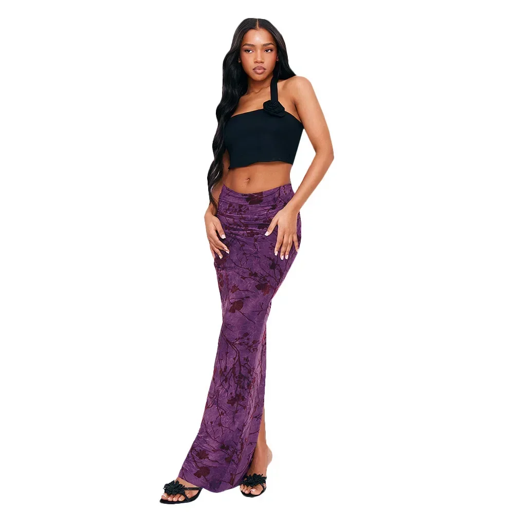 

Sexy Floral Velvet Halter Bodycon Mini Skirt Women's Fashion Streetwear Polyester Fiber Floral