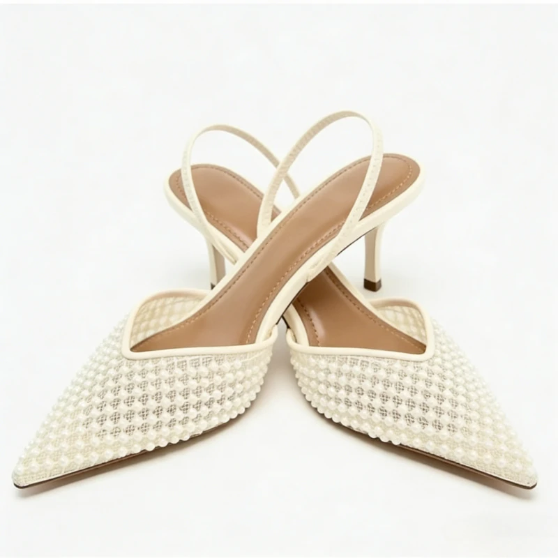 Mesh String Bead Brand Sandals Women Pumps Pointed Toe Elegant Slingback High Heels Female Designer Banquet Wedding Dress Shoes image 6