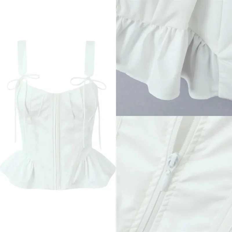 

Bow Tops & Tees Vest Chi Korean French Camisole Vest Girl Sexy Eur America Low Cut Pleated Cinched Waist Ruffle Edge Top Tee New