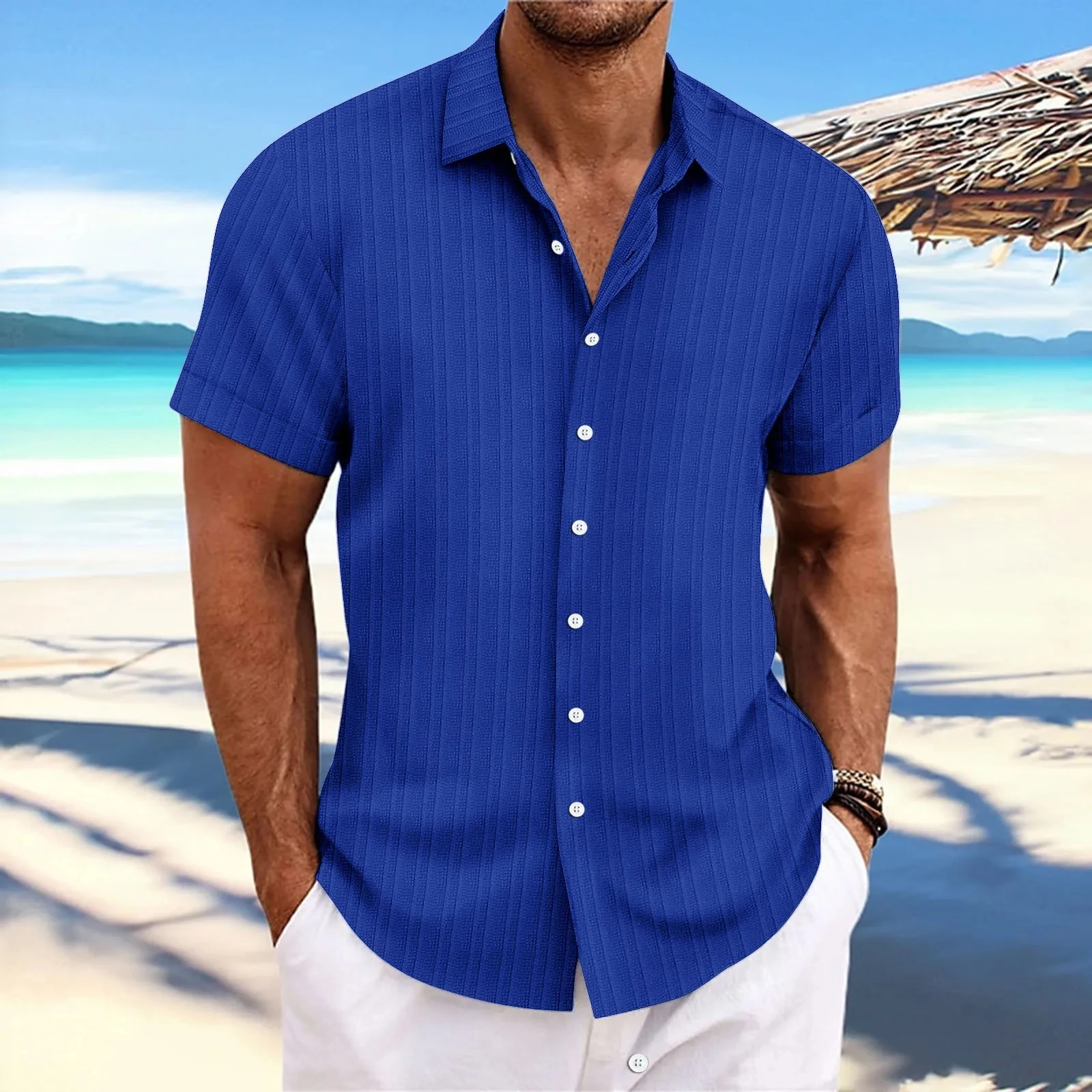 

Solid Color Jacquard Wave Strip Short-sleeved Men's shirt Europe And The United States Men Casual Cardigan Fashion Trend shirts