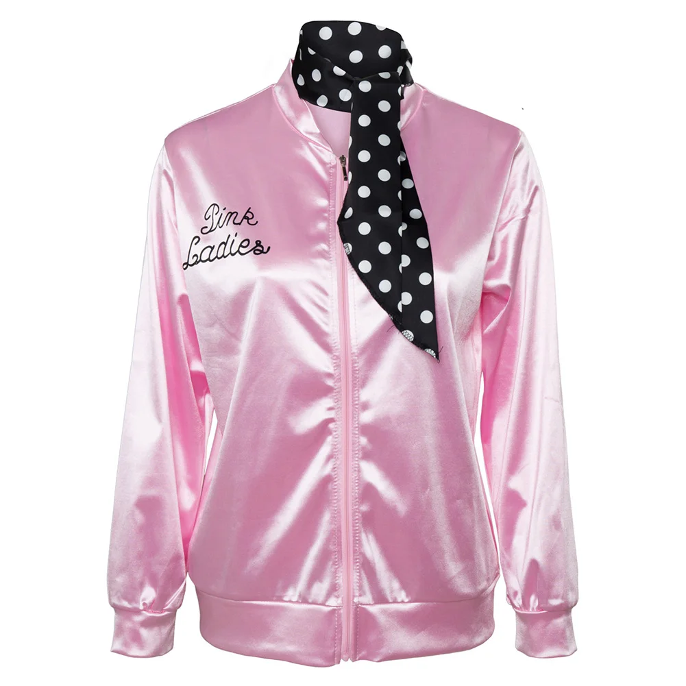 Pink Ladies Grease Cosplay Girl's Pink Silk Coat Costume Jacket Top Outfits Halloween Carnival Suit