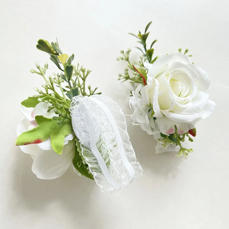 Ramillete de muñeca Boutonniere para dama de honor, accesorios de novia, rosas blancas, flores artificiales, alfileres de ojal, broche de matrimonio para hombres