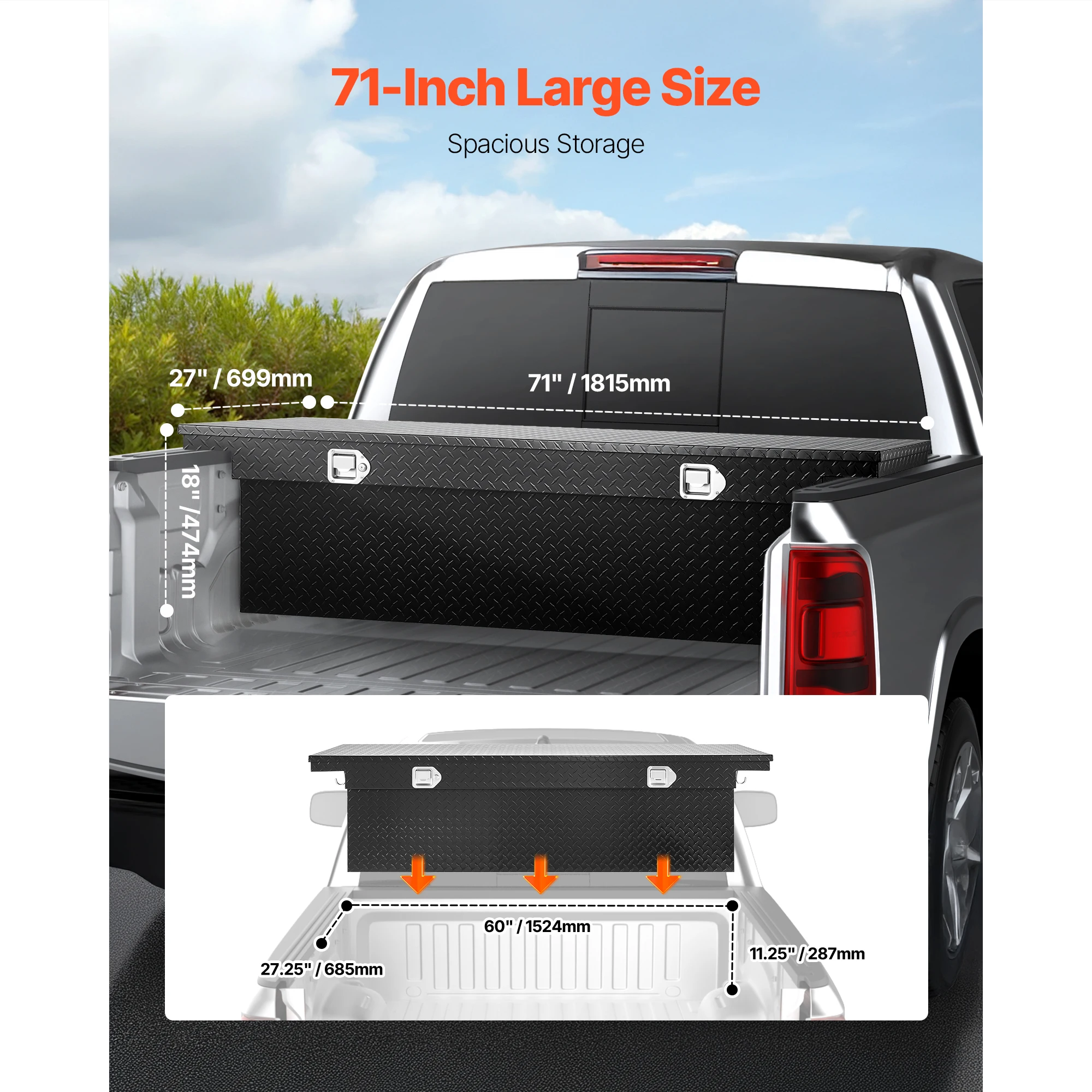 SucceBuy Crossover Truck Tool Box Heavy Duty Aluminum Toolbox with Diamond Texture Pick Up Truck Bed RV Trailer Toolbox Black
