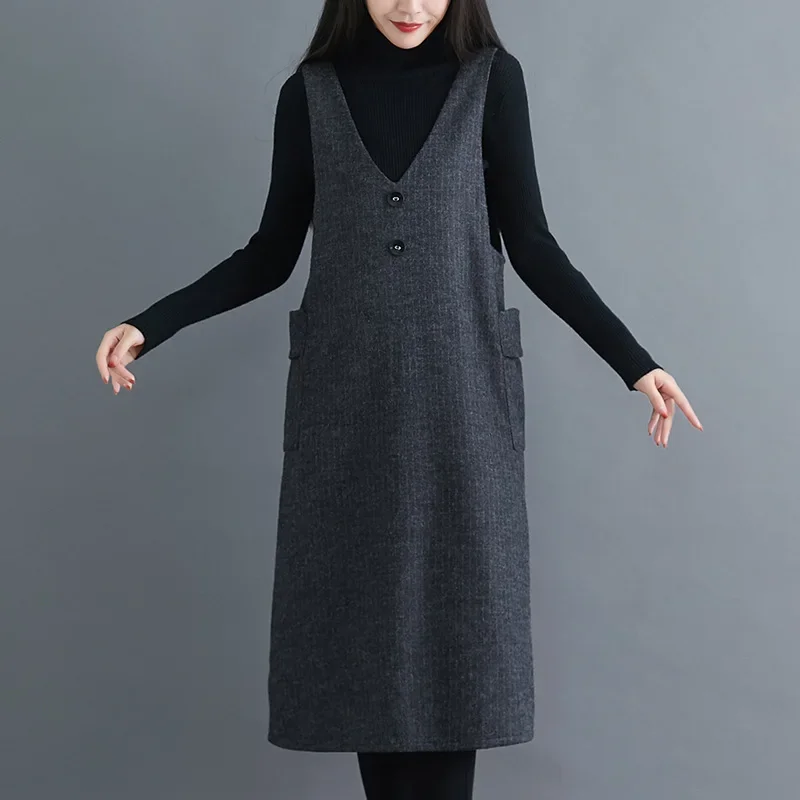 فضفاضة تناسب حجم كبير الشتاء الخامس الرقبة ميدي فستان سميكة الصوف مادة الصوف بلا أكمام الركبة طول فستان المرأة عادية #4