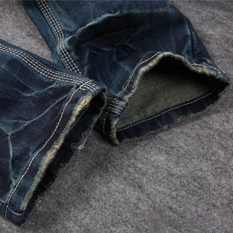 Men\'s Personalized Ripped Jeans Retro Distressed New Style Straight Slim Fit Casual High Street Fashion Denim Long Pants Male