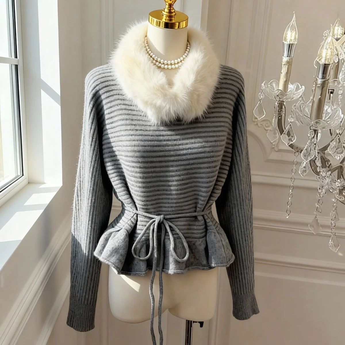 Tie-Dye Knitted Sweater with Faux Fur Collar Detachable Autumn Winter New Sle Warm Casual Loose Fit Long Sve Women's Top