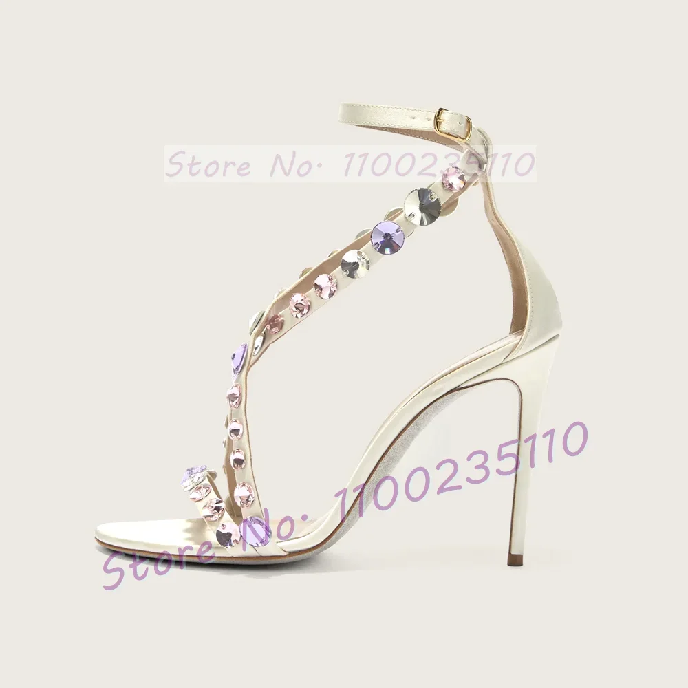 White Satin Sandals With Colorful Round Beads Women Classy High Heels Cross Strap Shoes Summer Luxury Party Cover Heel Shoes
