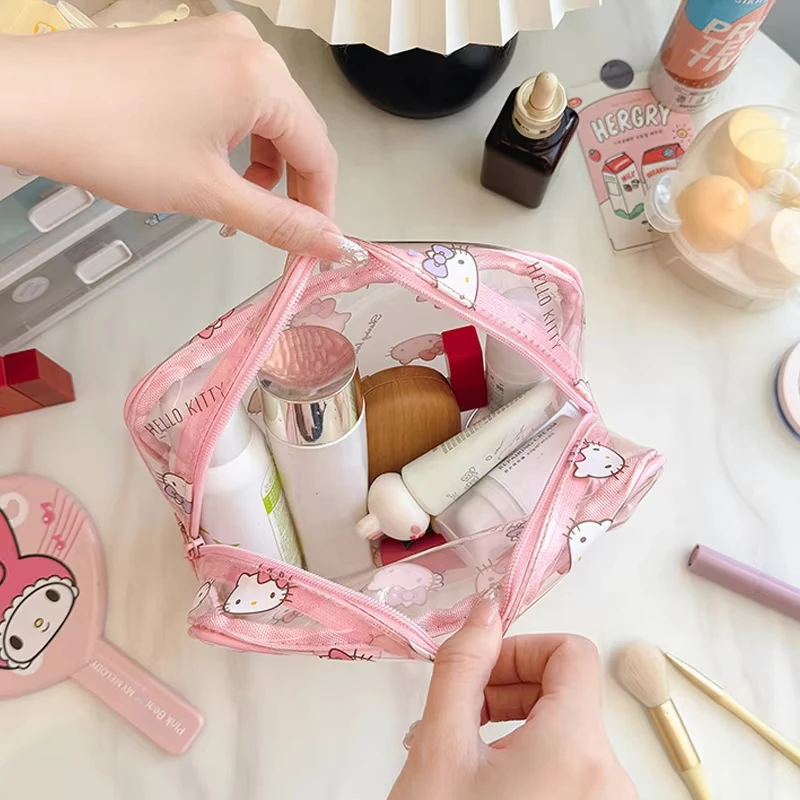 Cute Sanrio Kuromi Makeup Bag Anime Cinnamoroll Hello Kitty Waterproof Transparent High-Capacity Woman Toiletries Storage Bag