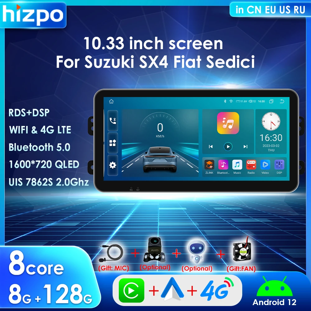 

Hizpo 10,33 дюймовый Carplay для Suzuki SX4 Fiat Sedici 2 Din автомагнитола Android 12 мультимедийный плеер стерео GPS Авторадио Navi 4G BT