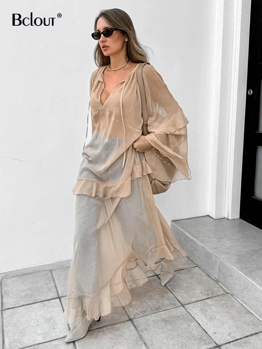 Bclout Fashion Loose Khaki Long Dress Women 2024 Streetwear O-Neck Transparent Sexy Dresses Casual Batwing Sleeve Ruffled Dress