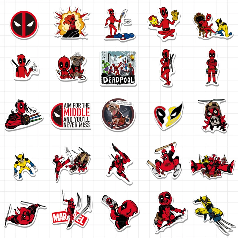 Disney Marvel Heroes Adesivos Criativos, Bagagem de telefone móvel DIY, Deadpool, Engraçado, Deadpool, 3 Adesivos, 50pcs