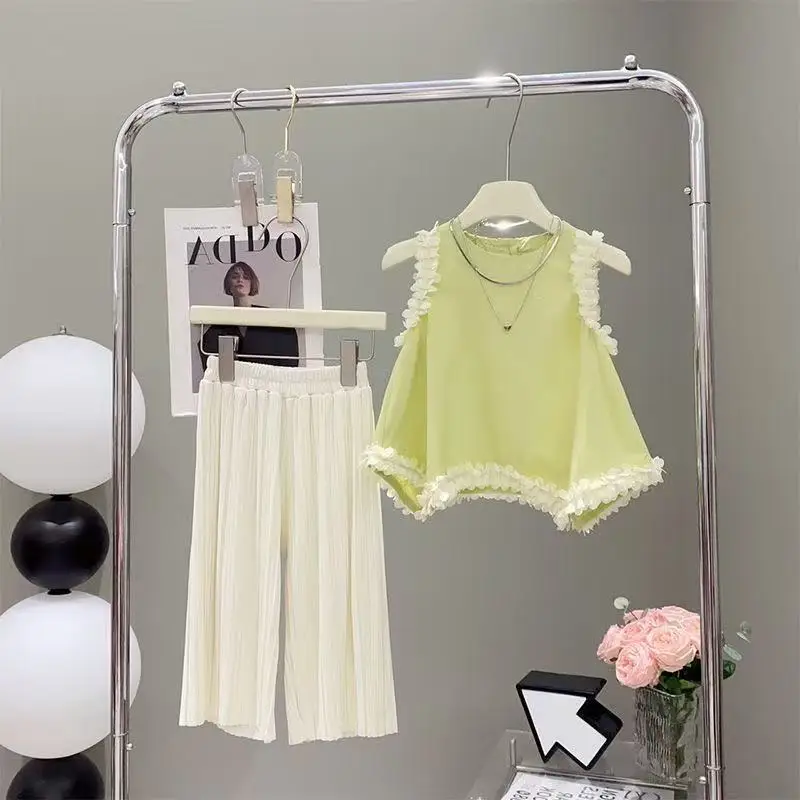 

Flower Top Flared Pants Set Summer New Thin Fashionable Casual Loose Sweet Temperament Flower Vest Bell Bottom Pants 2 Piece Set