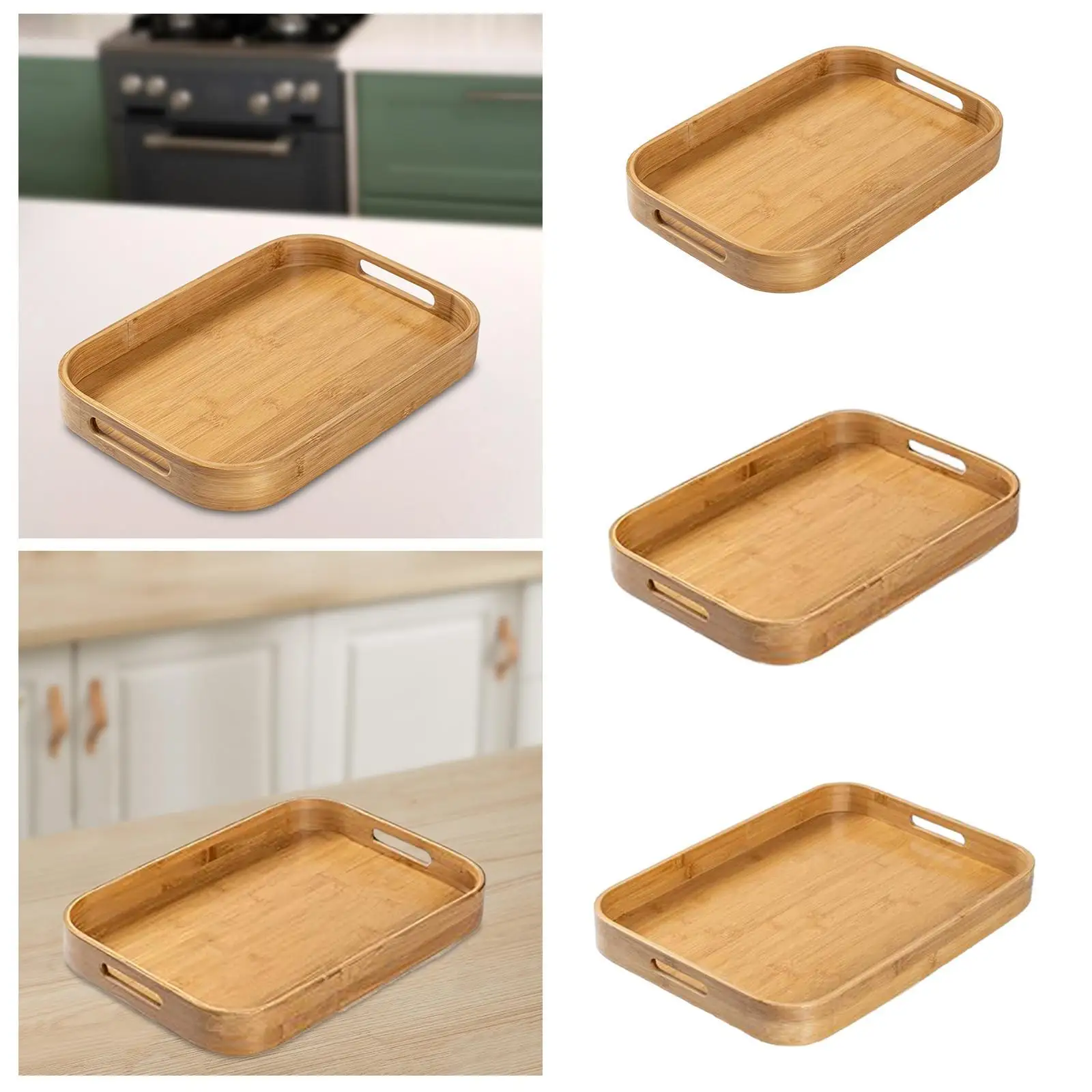 Bamboo Serving Tray with Handles Food Fruit Platter Multi Purpose Dinner Tray for Bedroom Hotel Kitchen Counter