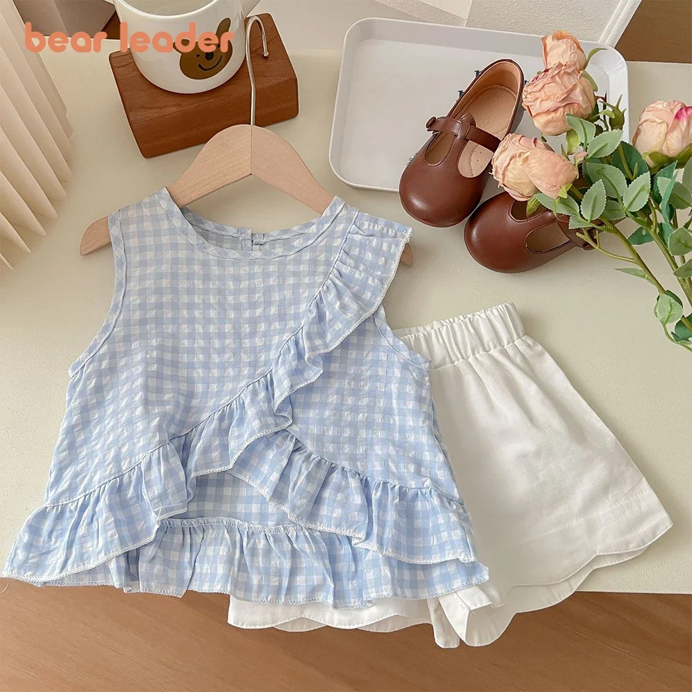Two Piece Set Summer New Casual Girls' Clothes Blue Checkered Round Neck Plaid Ruffle Top + White Shorts Children's Casual Wear
