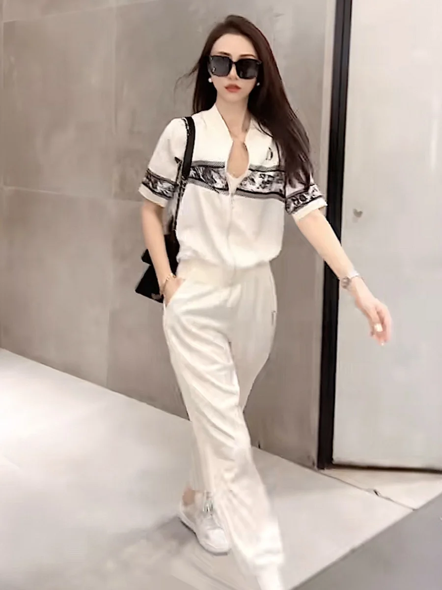 Franse Dames Casual 2-delige sets Cool Ice Zijde Comfortabele zomer Rits Jas met korte mouwen Jas en joggingbroek Losse sport