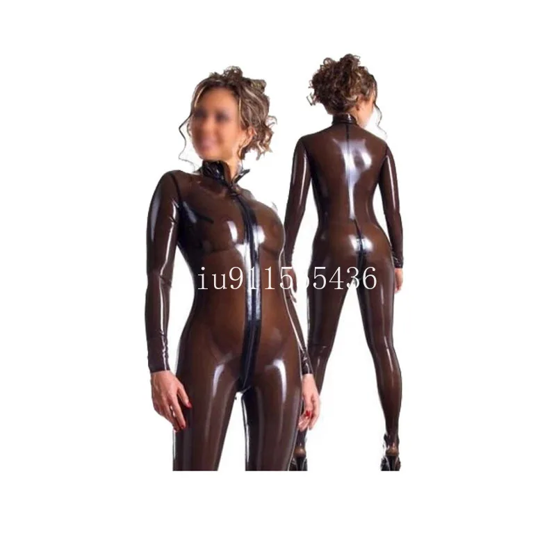 

Latex Catsuit Transparent Black Rubber Bodysuit with Front Zipper Crotach Zipper Size XXS-XXL for Women