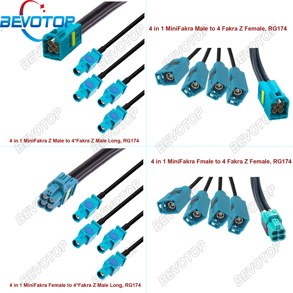 BEVOTOP RSBG Type 4-in-1 MINI FAKRA to 4 FAKRA Male/Female connector RG174 coaxial cable 50 Ohm High Quality