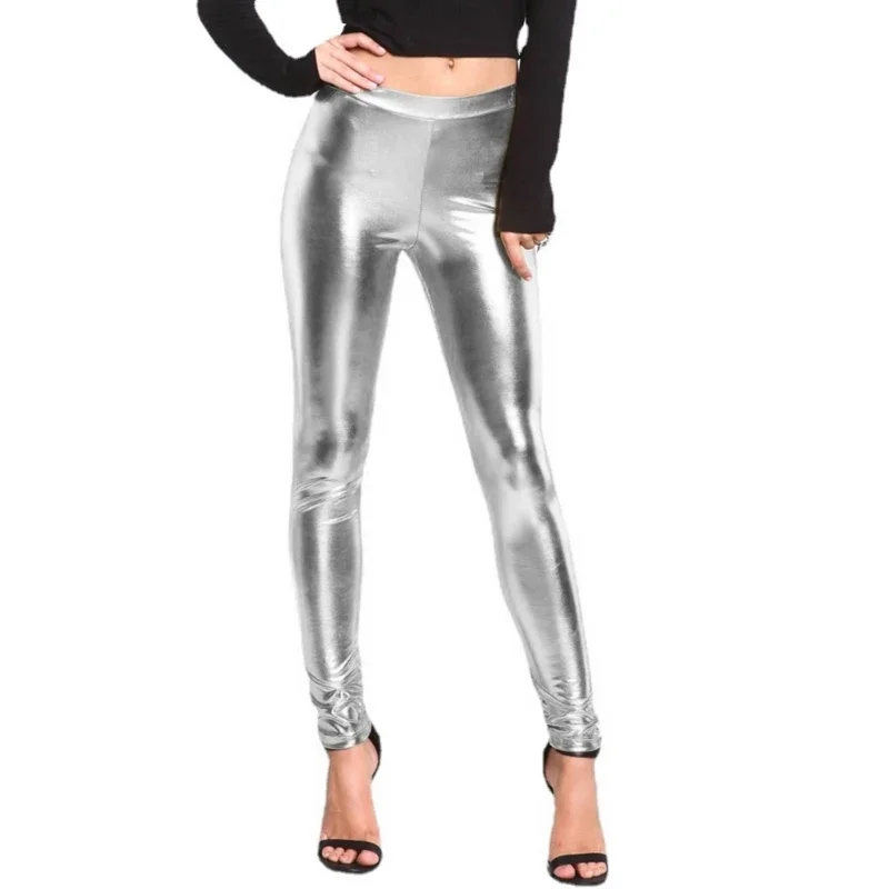 Women Glitter Metallic Pencil Leggings Punk Bright PU Faux Leather Skinny Elastic High Waist Tights Trouser Clubwear R7RF