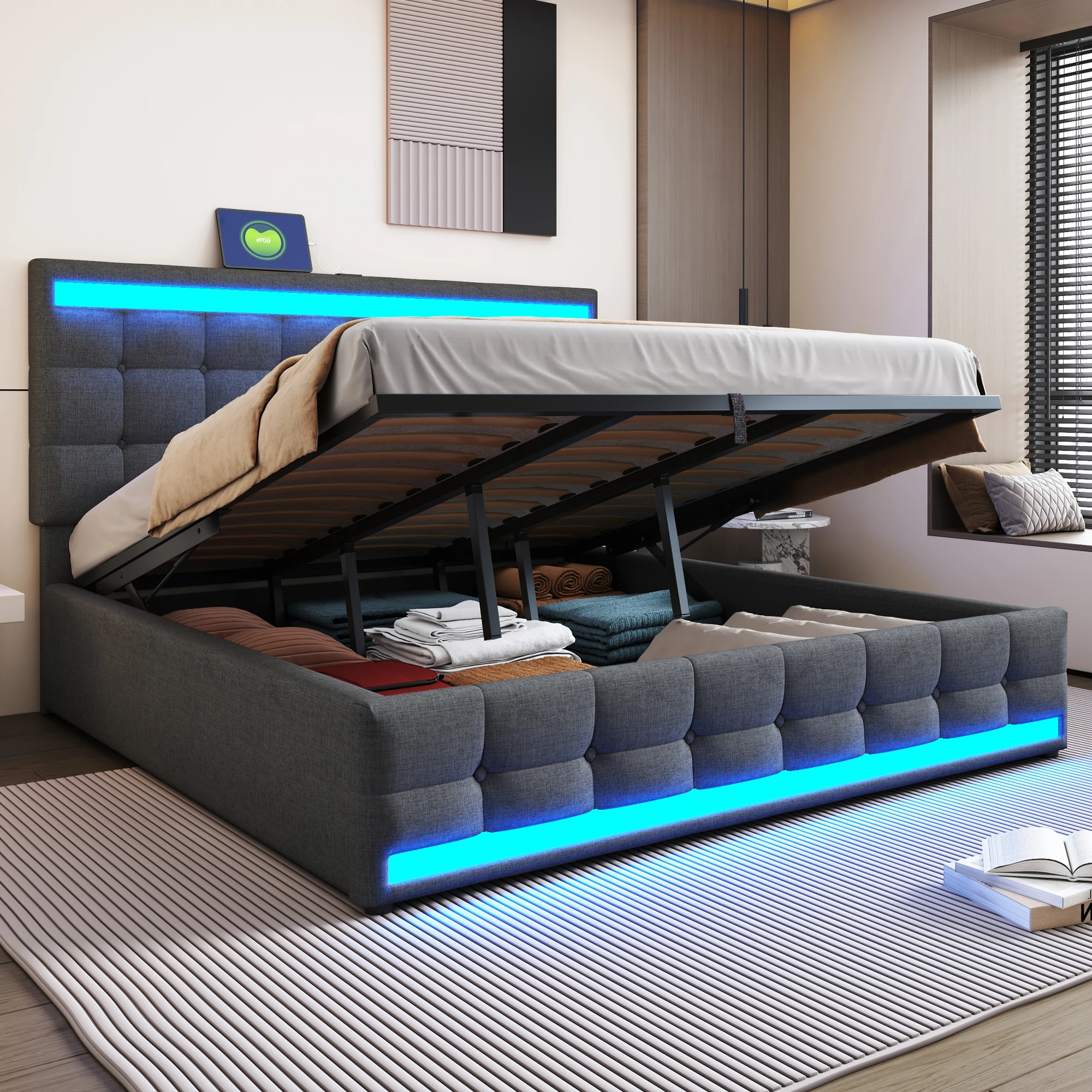 USB LED USB bed 180x200 Bedbox & verstelbaar hoofdeinde grijs zonder matras - afbeelding 1