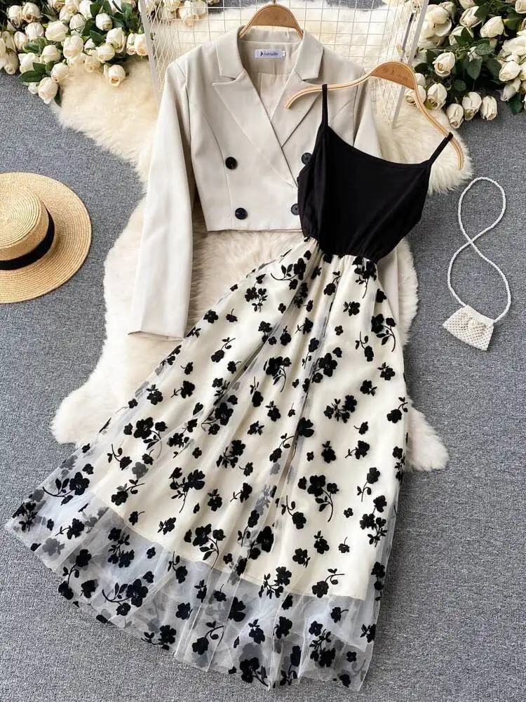 

Элегантные комплекты из двух предметов во французском стиле, женский двубортный пиджак + сетчатое длинное платье трапециевидной формы, модные корейские наряды