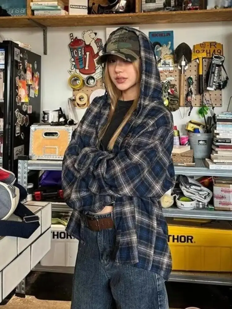 Y2K Vintage Plaid Shirts Women Harajuku American Style Long Sleeve Drawstring Hooded Loose Casual Streetwear Spring Blouses