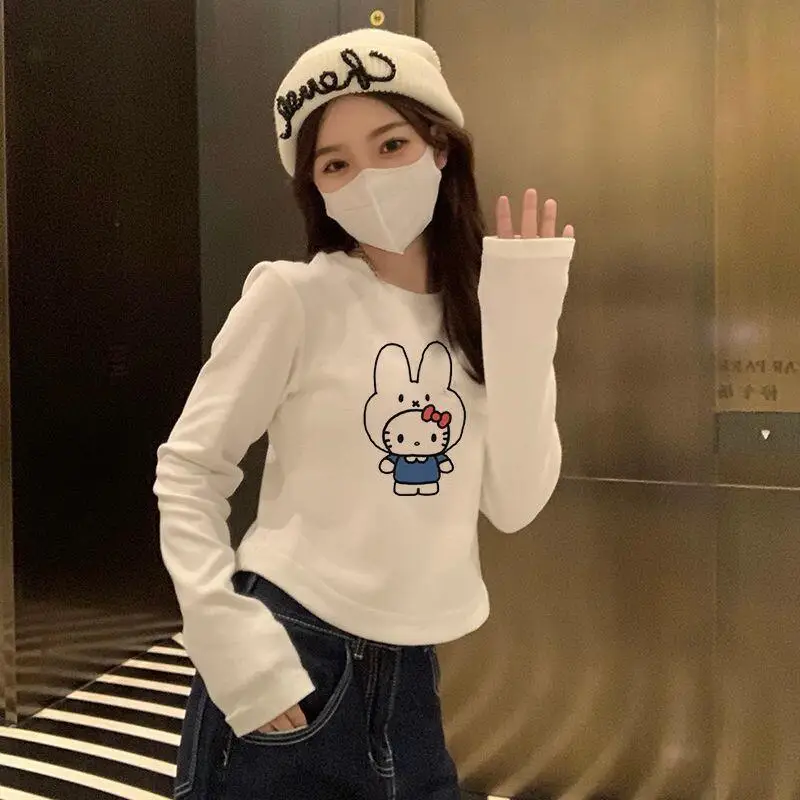 

Sanrio Hello Kitty women's T-shirt coat tops Base Layer Long Sleeve Brushed Fleece Spring Autumn Winter Short Style Fashionable