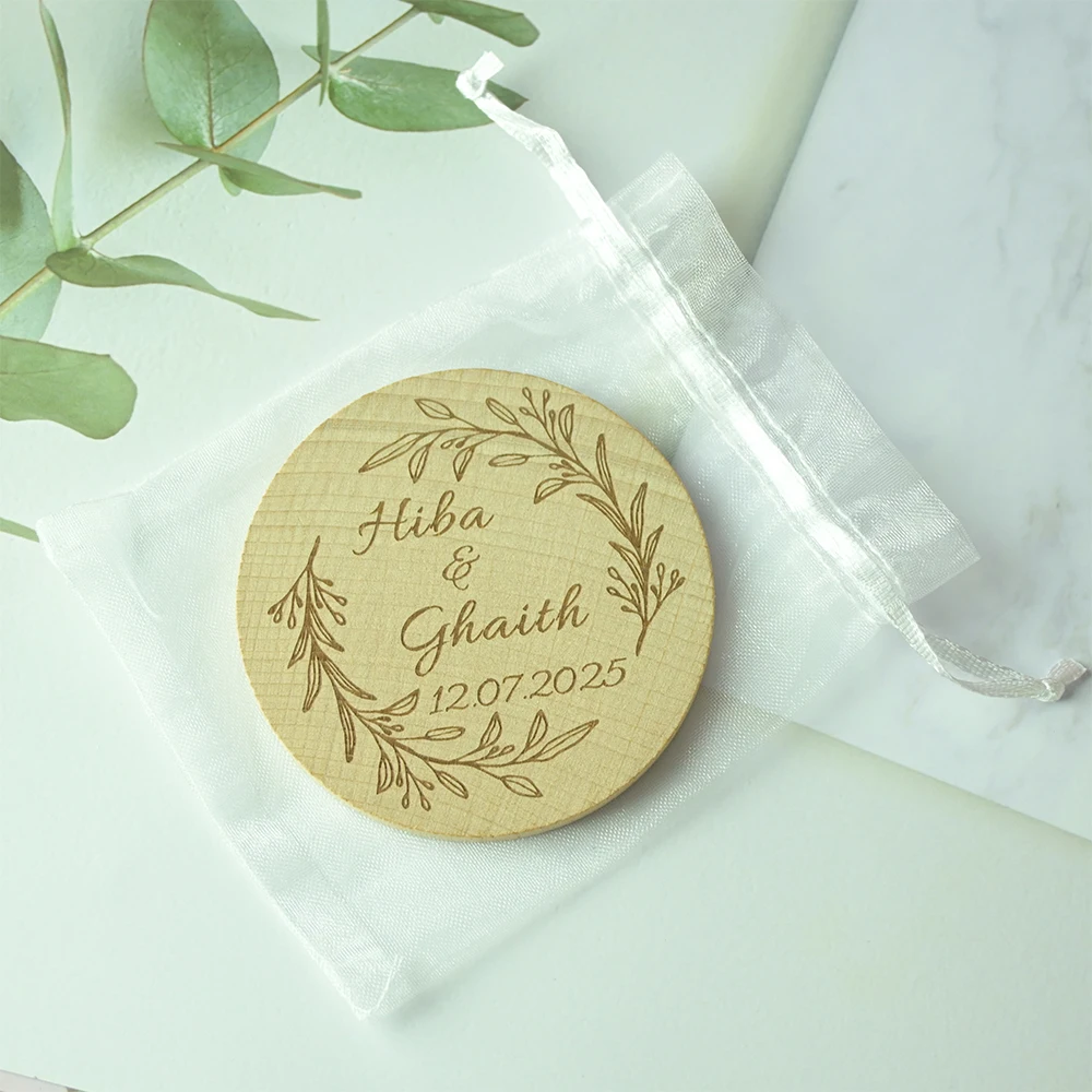 7CM Personalised Wooden Mirror Customized Wedding Party Favor For Guests Wood Mirror Portable Round Compact Pocket Mirror