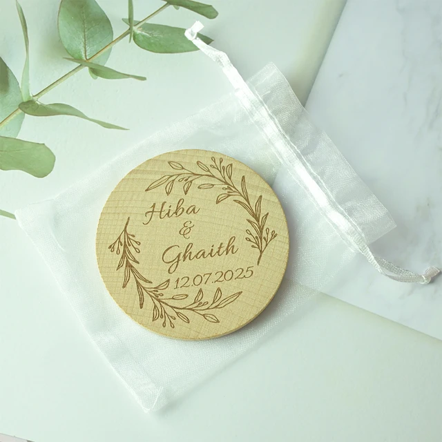 7CM Personalised Wooden Mirror Customized Wedding Party Favor For Guests Wood Mirror Portable Round Compact Pocket Mirror 4