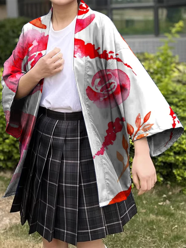 Kimono Jepang Yukata Mawar Dicetak Kimono Busana Santai Busana Kemeja Dicetak Harajuku Cardigan Wanita Pakaian Musim Panas